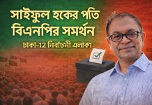 ঢাকা-১২ আসনে বিএনপি প্রার্থী দিচ্ছে না; সাইফুল হককে সমর্থন